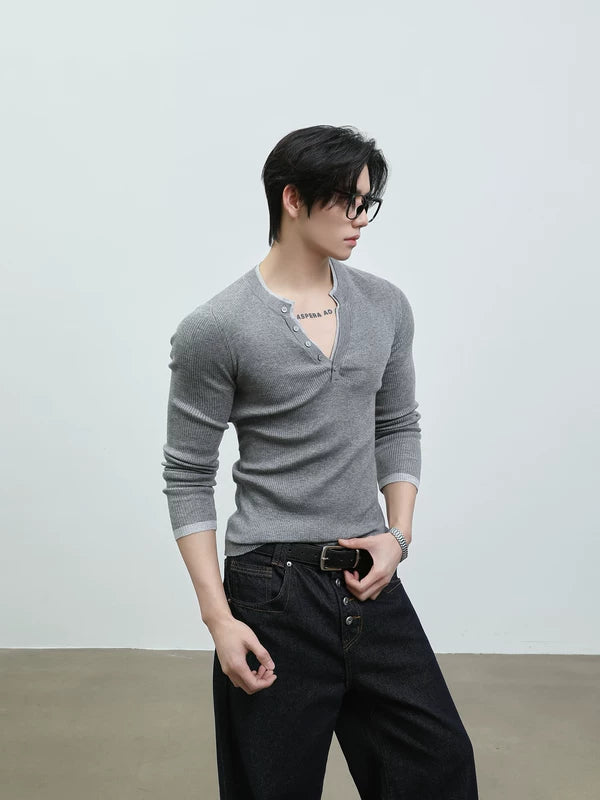 Slim Fit V-Neck Henley Knit T-Shirt 2