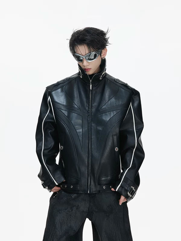 Stand Collar Heavyweight Leather Motorcycle Jacket 2