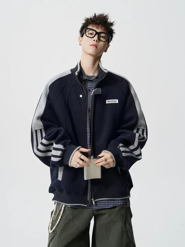 Stand Collar Patchwork Preppy Zip Jacket 5