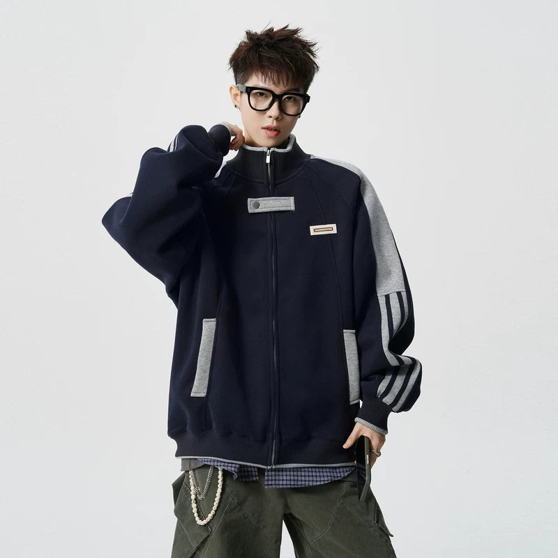 6110334418821,6110334418822,6110334418823,6110334418824, Stand Collar Patchwork Preppy Zip Jacket