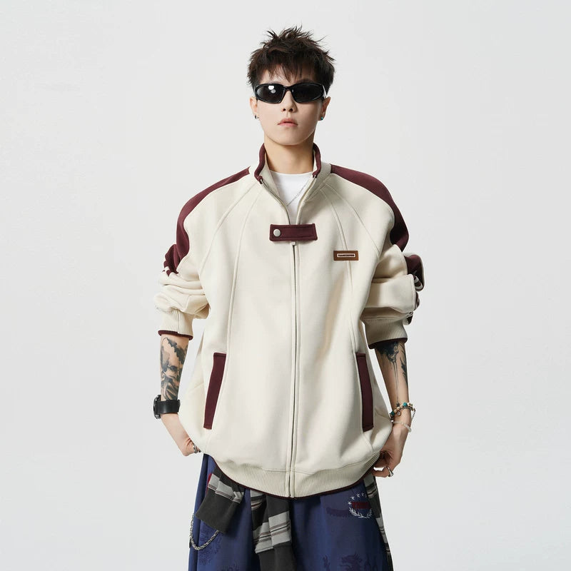 6110334418825,6110334418826,6110334418827,6110334418828, Stand Collar Patchwork Preppy Zip Jacket