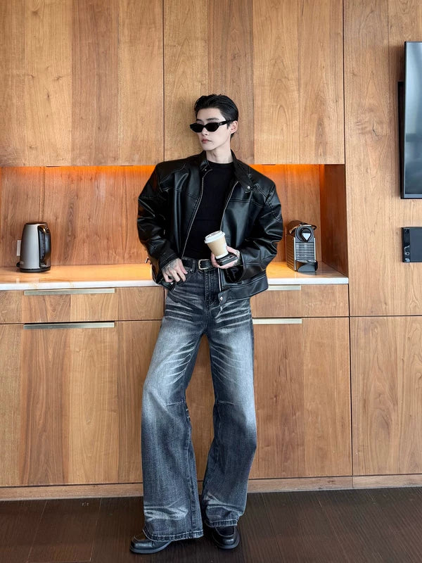 Stand Collar PU Leather Bomber Jacket 2