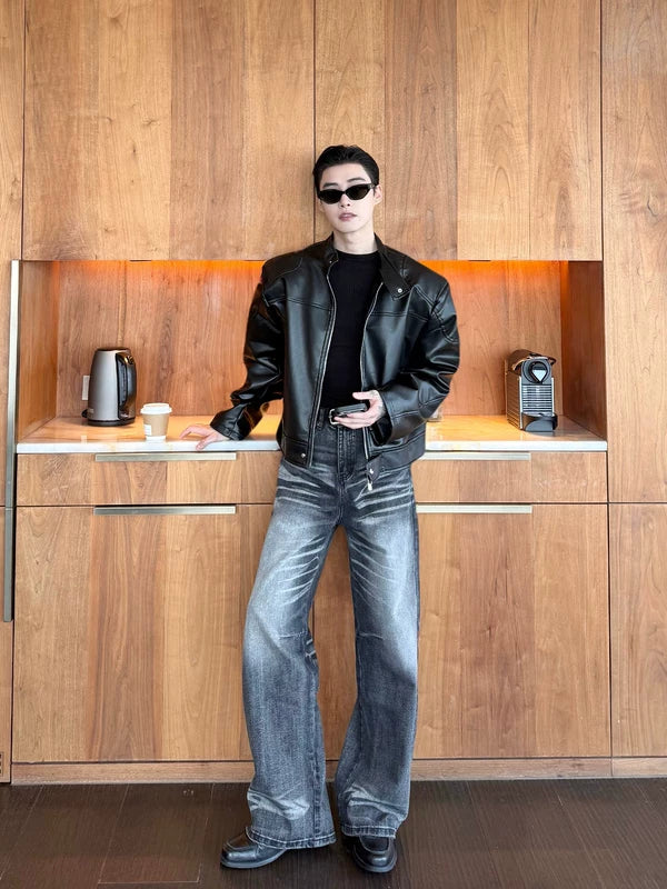 Stand Collar PU Leather Bomber Jacket 5