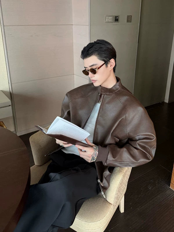 Stand Collar PU Leather Raglan Bomber Jacket 2