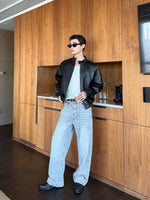 Stand Collar PU Leather Raglan Bomber Jacket 3