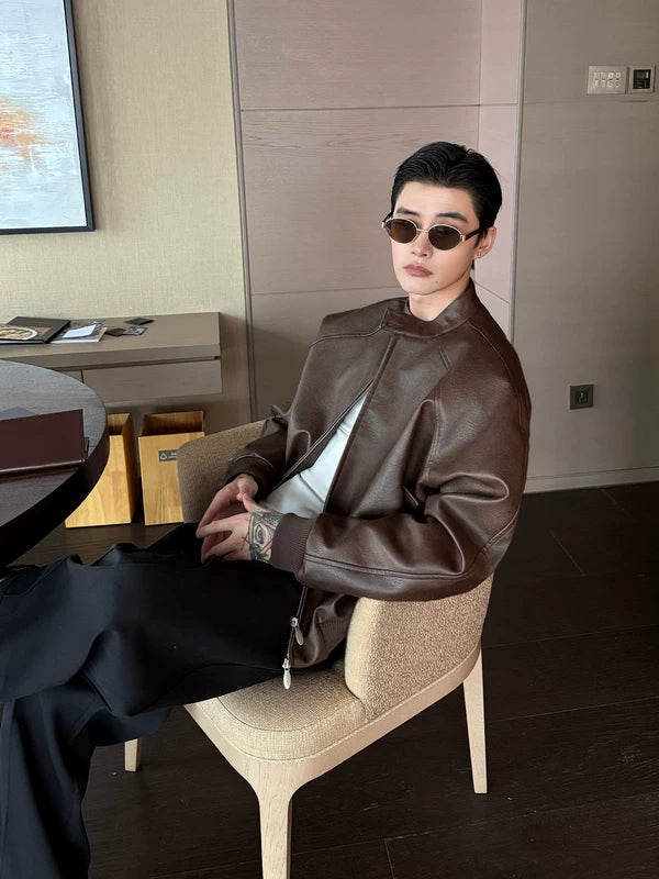 Stand Collar PU Leather Raglan Bomber Jacket 4