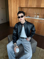 Stand Collar PU Leather Raglan Bomber Jacket 5