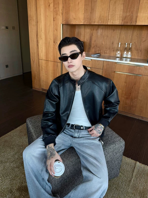 Stand Collar PU Leather Raglan Bomber Jacket 5