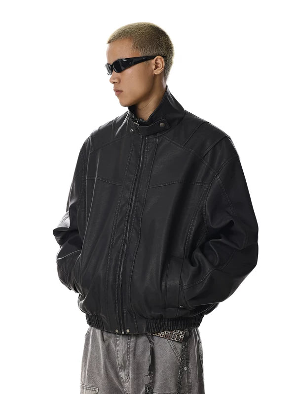 Stand Collar Relaxed Fit Leather Jacket 3