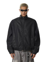 Stand Collar Relaxed Fit Leather Jacket 4