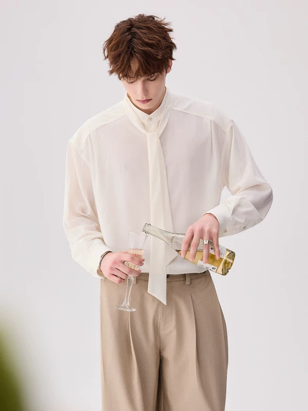 Stand Collar Shirt with Detachable Neck Tie 2