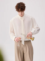 Stand Collar Shirt with Detachable Neck Tie 2