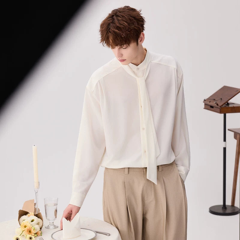 6202752555036,6202752555037,6202752555038,6202752555039, Stand Collar Shirt with Detachable Neck Tie