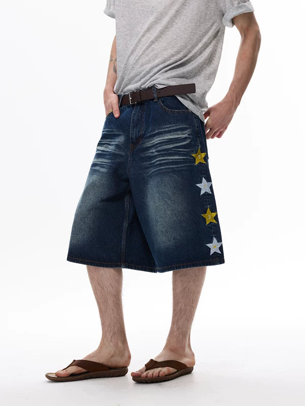 Star Appliqué Wide Leg Denim Capri Pants 5