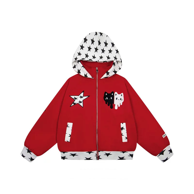 ,1627207:28326,5927315368111,1627207:28326,5927315368112,1627207:28326,5927315368113,5927315368111,5927315368112,5927315368113, Star Cat Embroidered Zip Up Hoodie