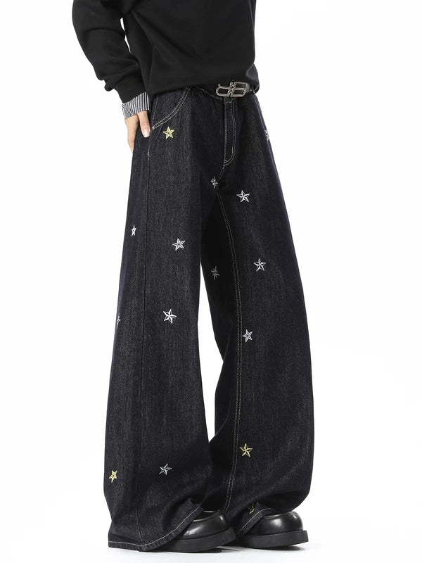 Star Embroidered Wide Leg Denim Pants 3