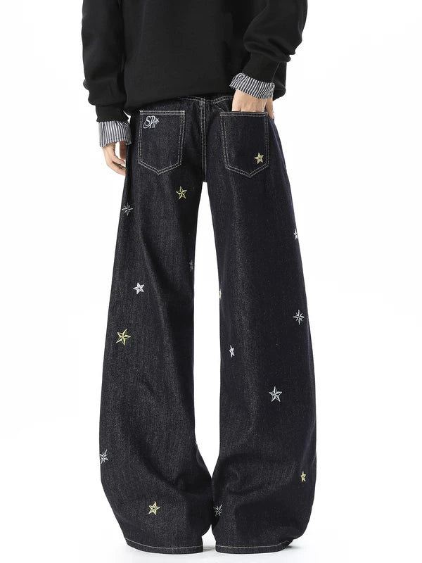 Star Embroidered Wide Leg Denim Pants 4