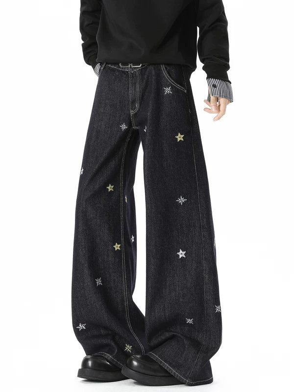 Star Embroidered Wide Leg Denim Pants 5