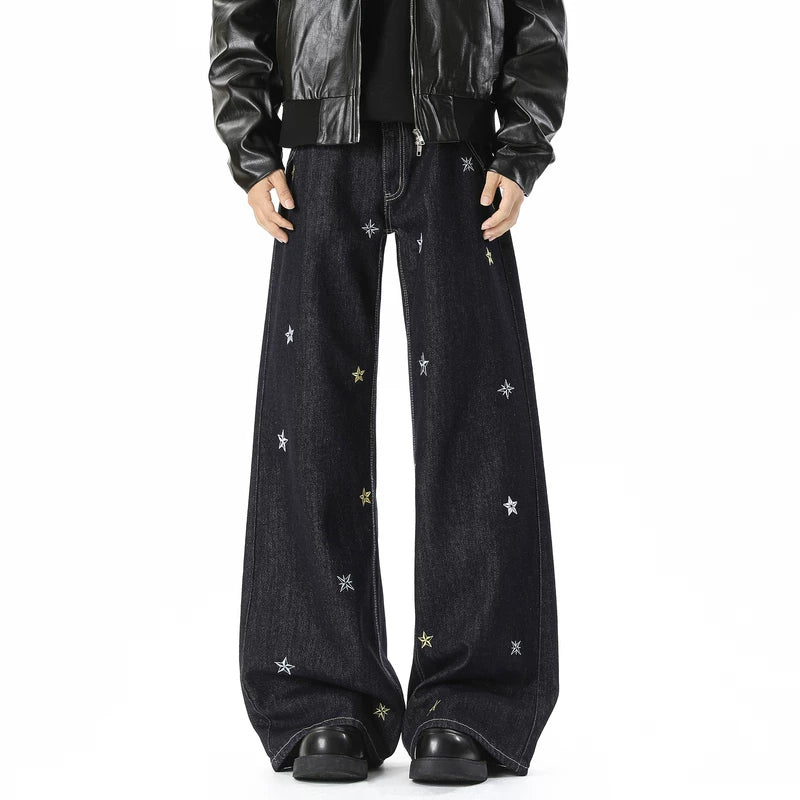 5955720185312,5955720185313,5955720185314,5955720185315,5955720185316,5955720185317, Star Embroidered Wide Leg Denim Pants