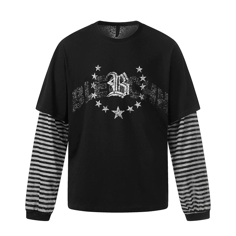 6201389043699,6201389043700,6201389043701,6201389043702, Star Graphic Layered Sleeve Long T-Shirt