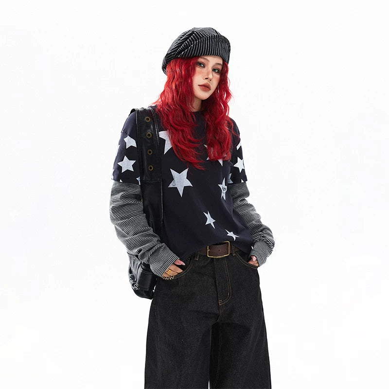 ,1627207:28338,6011185860573,1627207:28338,6011185860575,1627207:28338,6011185860574,6011185860573,6011185860575,6011185860574, Star Patchwork Striped Faux Layered T-Shirt