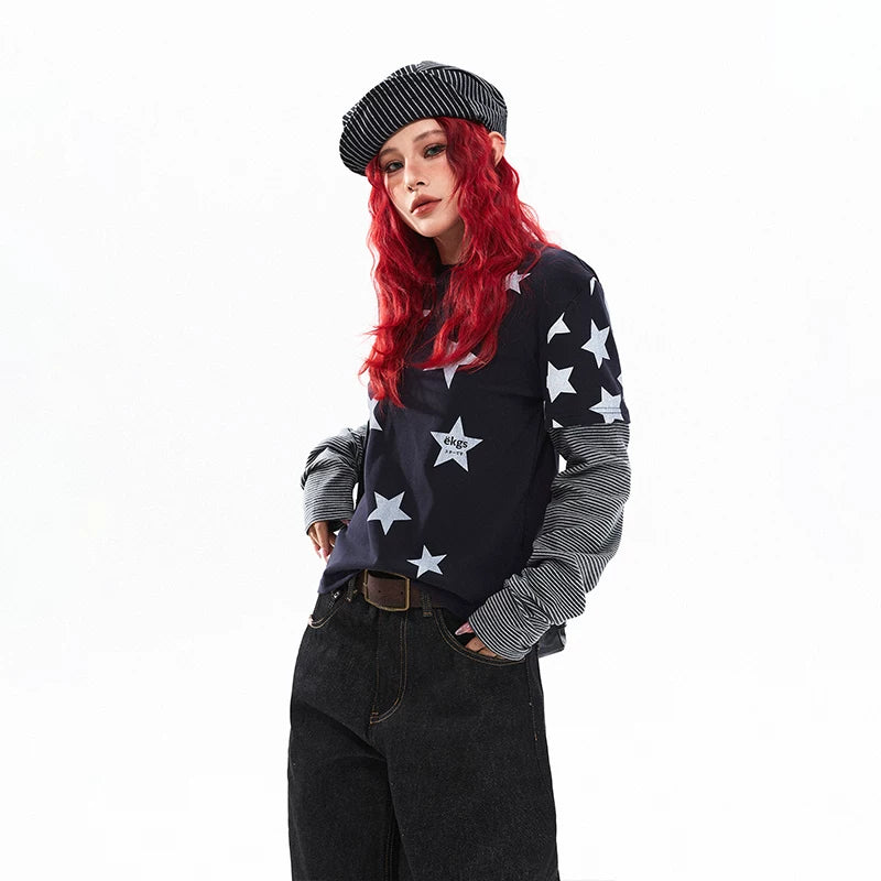 Star Patchwork Striped Faux Layered T-Shirt 4