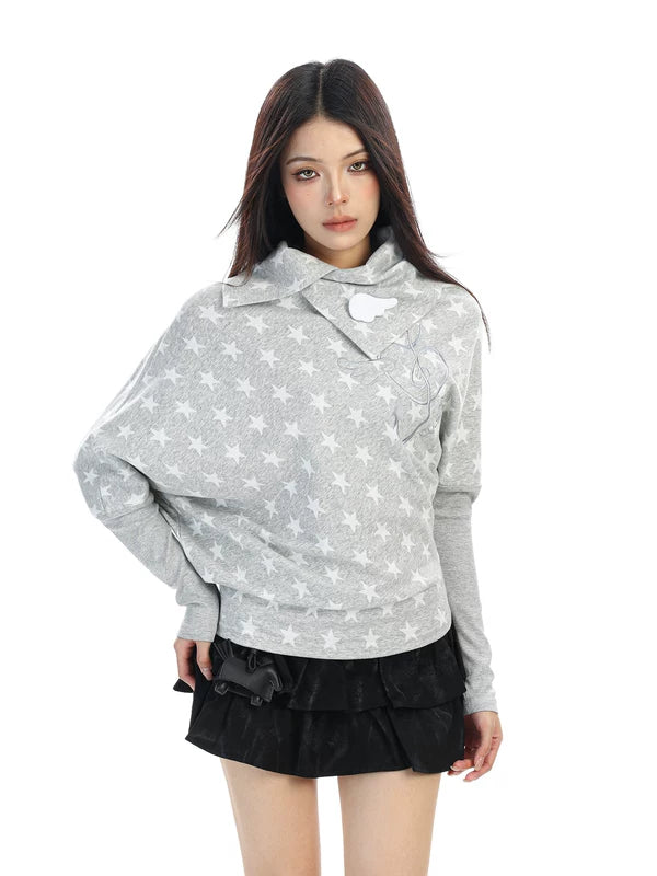 Star Print Asymmetrical Neck Long-Sleeve Pullover 4