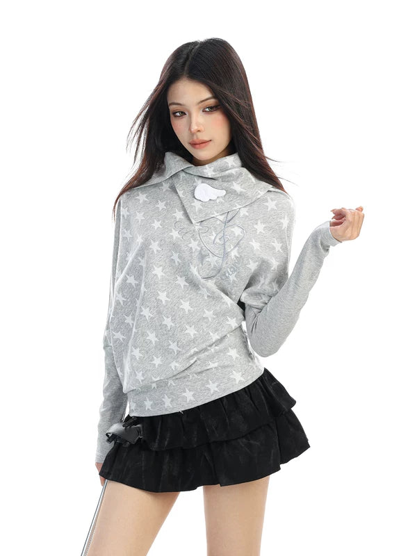 Star Print Asymmetrical Neck Long-Sleeve Pullover 5