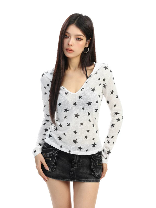 Star Print Hooded V-Neck Long Sleeve Top 2