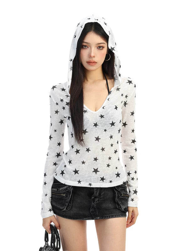,6030685761164,6030685761165,6030685761166, Star Print Hooded V-Neck Long Sleeve Top
