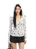 ,6030685761164,6030685761165,6030685761166, Star Print Hooded V-Neck Long Sleeve Top