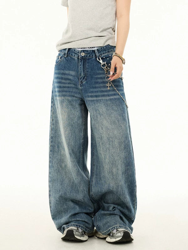 Star Print Washed Wide Leg Jeans Pants 2