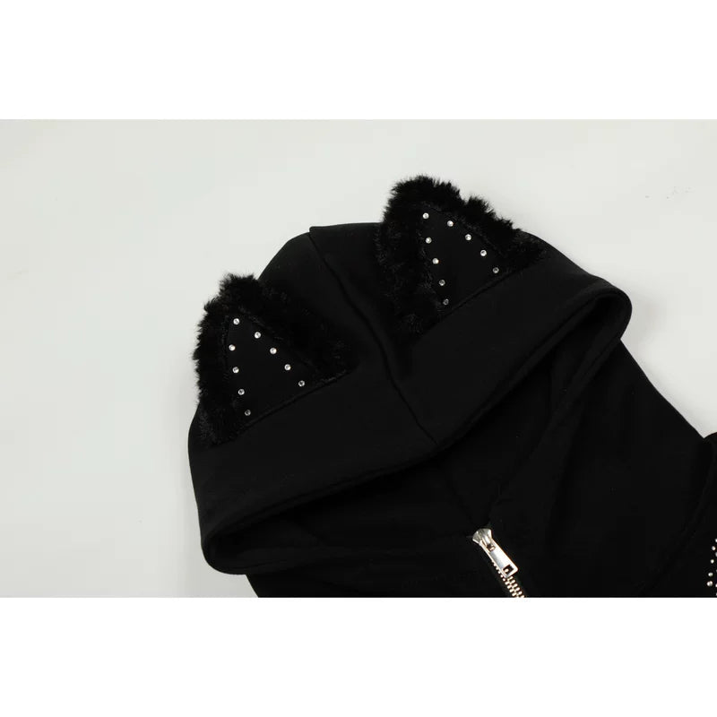 Star Print Zip Hoodie with Cat Ears 4