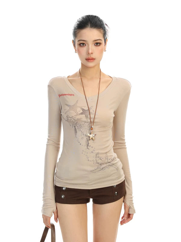 ,6194550282856,6194550282857,6194550282858, Starfish Print V-Neck Long Sleeve Top
