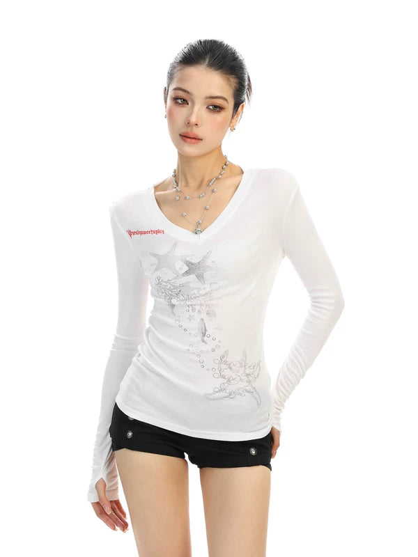 6194550282850,6194550282851,6194550282852, Starfish Print V-Neck Long Sleeve Top