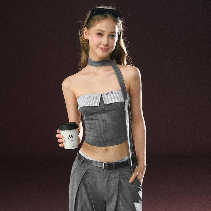 6034897776307,6034897776308,6034897776309,6034897776310, Strapless Checkered Crop Top and Pants