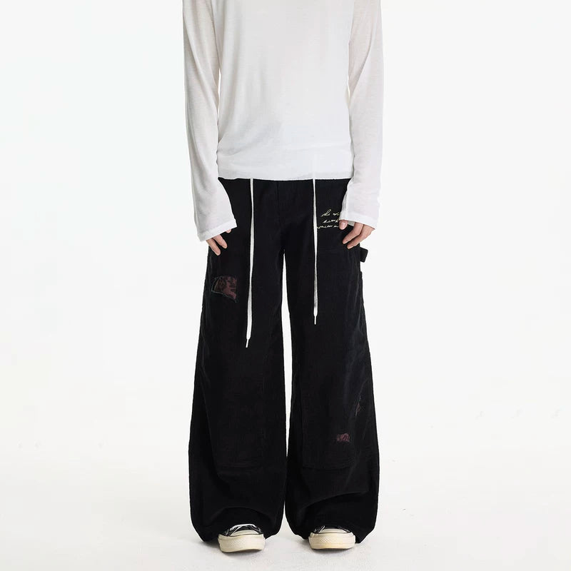 Street Style Embroidered Corduroy Wide-Leg Pants 2