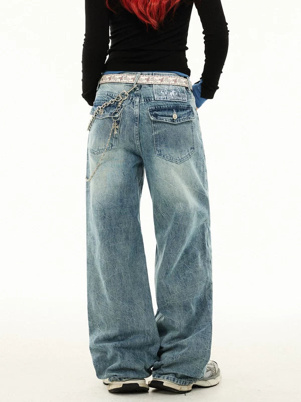 Street Style Washed Wide Leg Jeans Pants 2