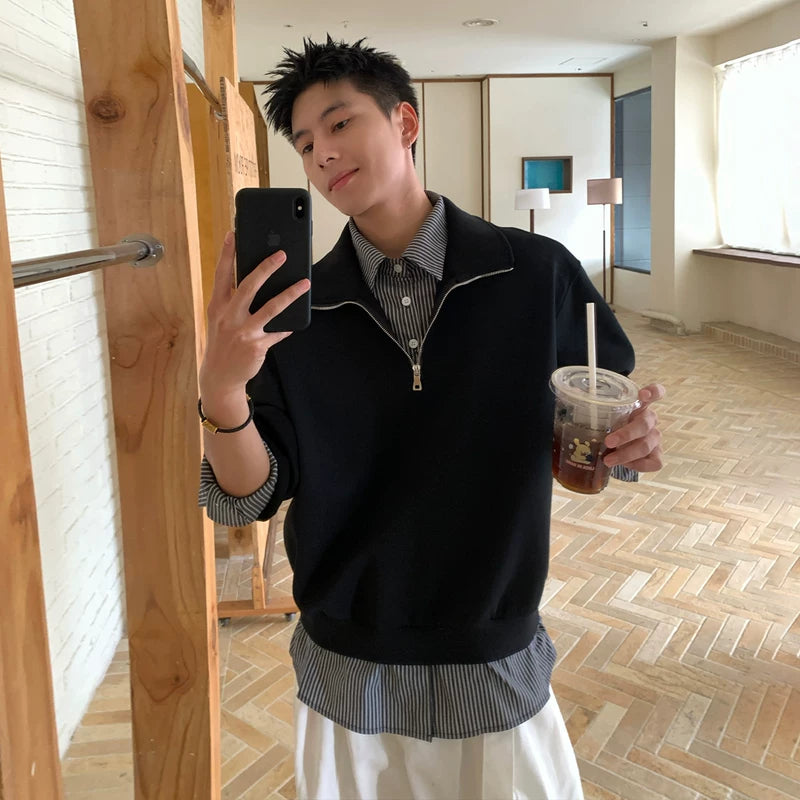 6035476780015,6035476780016,6035476780017,6035476780018, Streetwear Half-Zip Faux Layered Hoodie