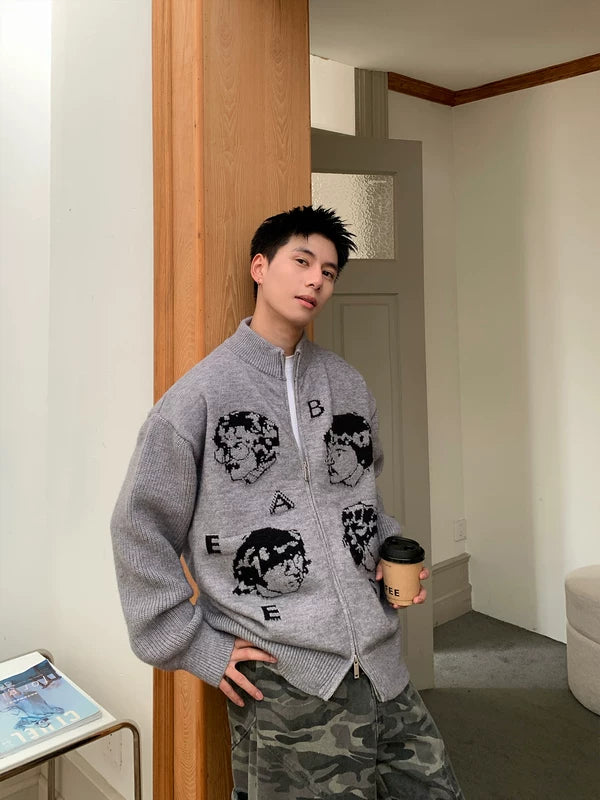 Streetwear Skull Jacquard Zip Cardigan Sweater 4