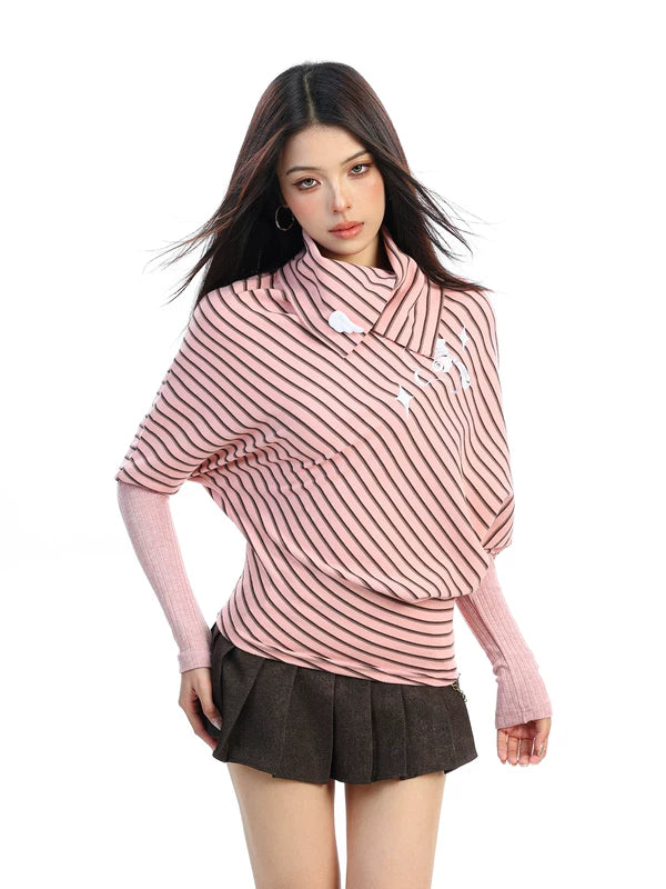 Striped Asymmetrical Turtleneck Long Sleeve Top 2