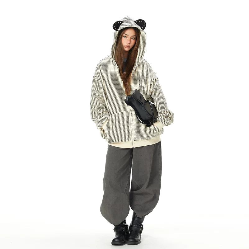Striped Bear Ear Hooded Zip Cardigan 5