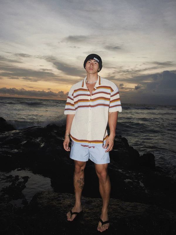 Striped Button Front Knit Short Sleeve Sweater 2