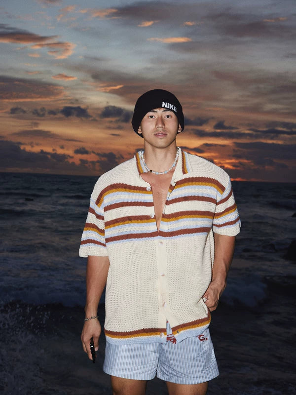 Striped Button Front Knit Short Sleeve Sweater 3