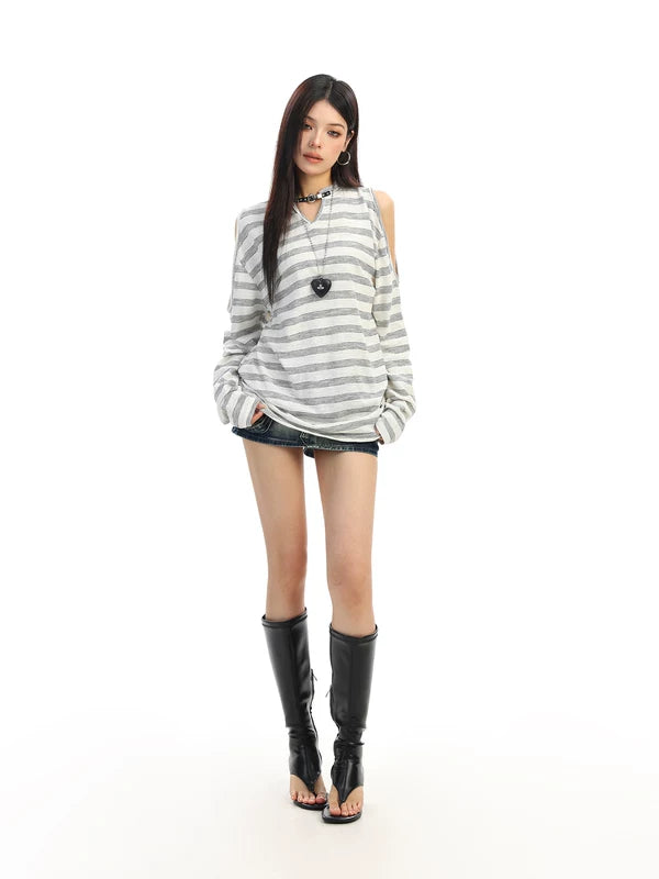 Striped Cold Shoulder Long Sleeve Pullover 3