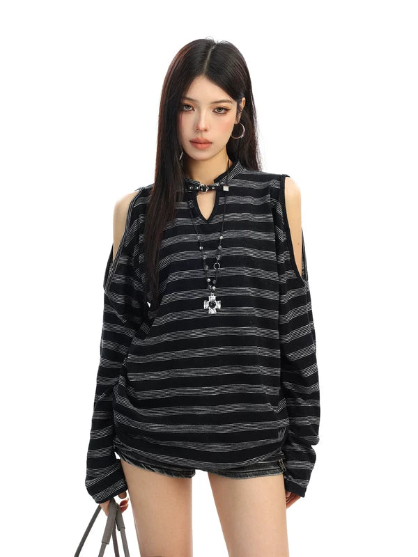 Striped Cold Shoulder Long Sleeve Pullover 4