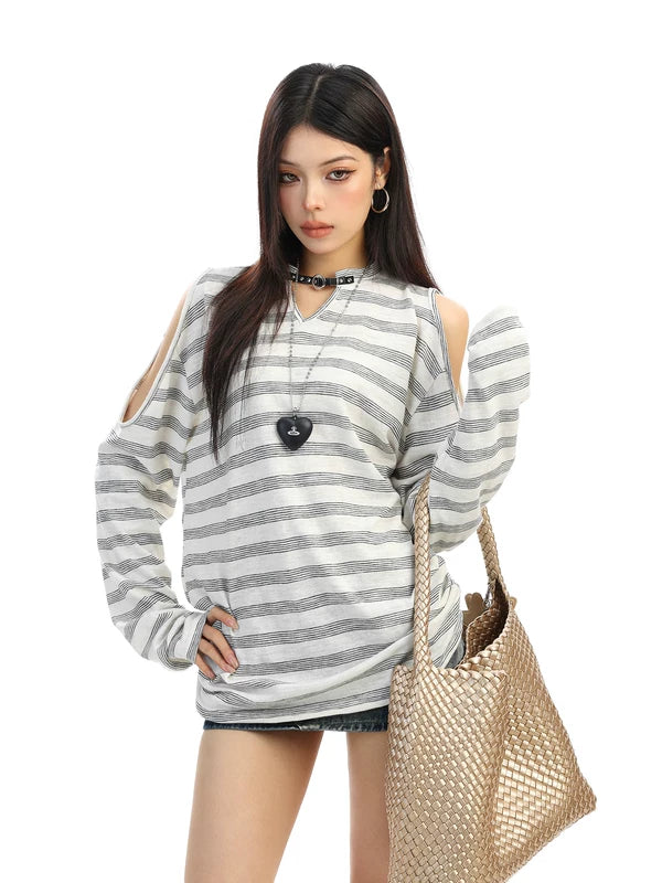 Striped Cold Shoulder Long Sleeve Pullover 5