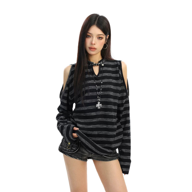 6030428020384,6030428020385,6030428020386, Striped Cold Shoulder Long Sleeve Pullover