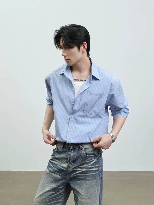 Striped Collared Long-Sleeve Button-Up Shirt 5