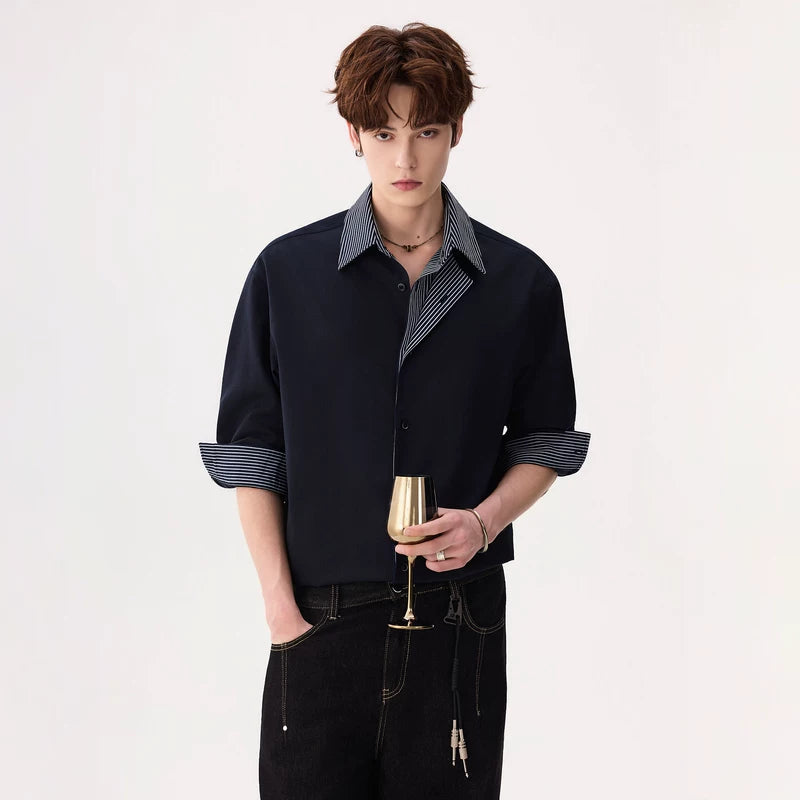6195620003135,6195620003136,6195620003137,6195620003138, Striped Contrast Collar Button-Up Shirt